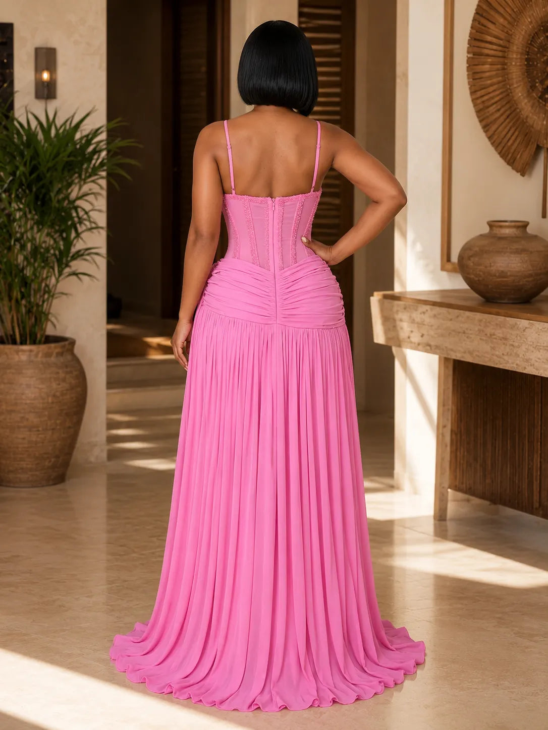 Cami Neck Rhinestone Mesh Patchwork Ruched Maxi Dresses