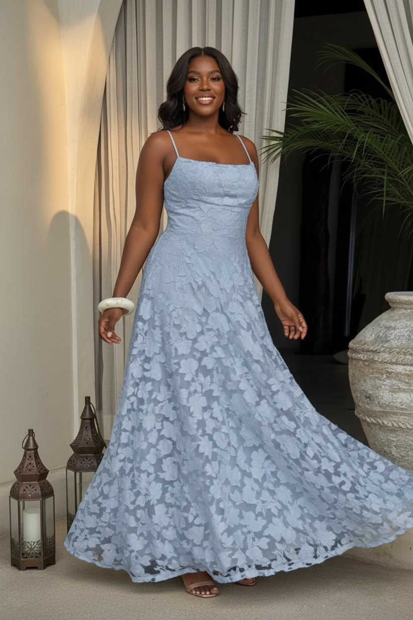 Floral Lace Appliqué Spaghetti Strap Maxi Dress