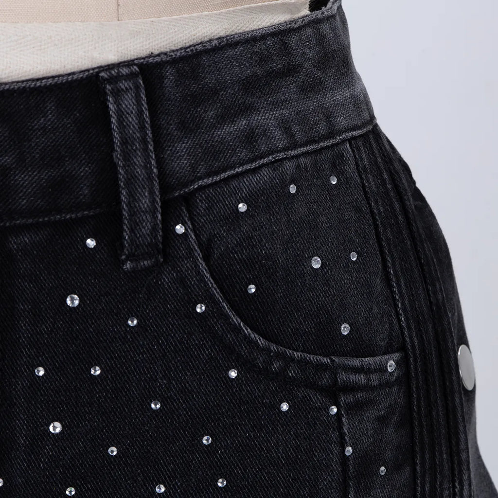 High-Waisted Rhinestone Embellished Side Button Jeans