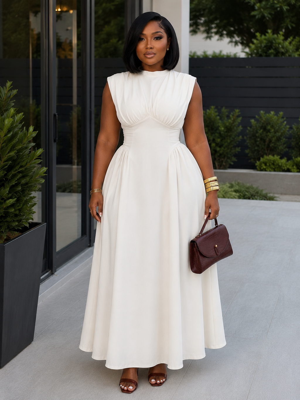 Round Neck Sleeveless Cinch Waist Casual Maxi Dresses