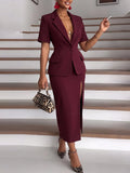 Burgundy Short-Sleeve Blazer and High-Slit Skirt Set