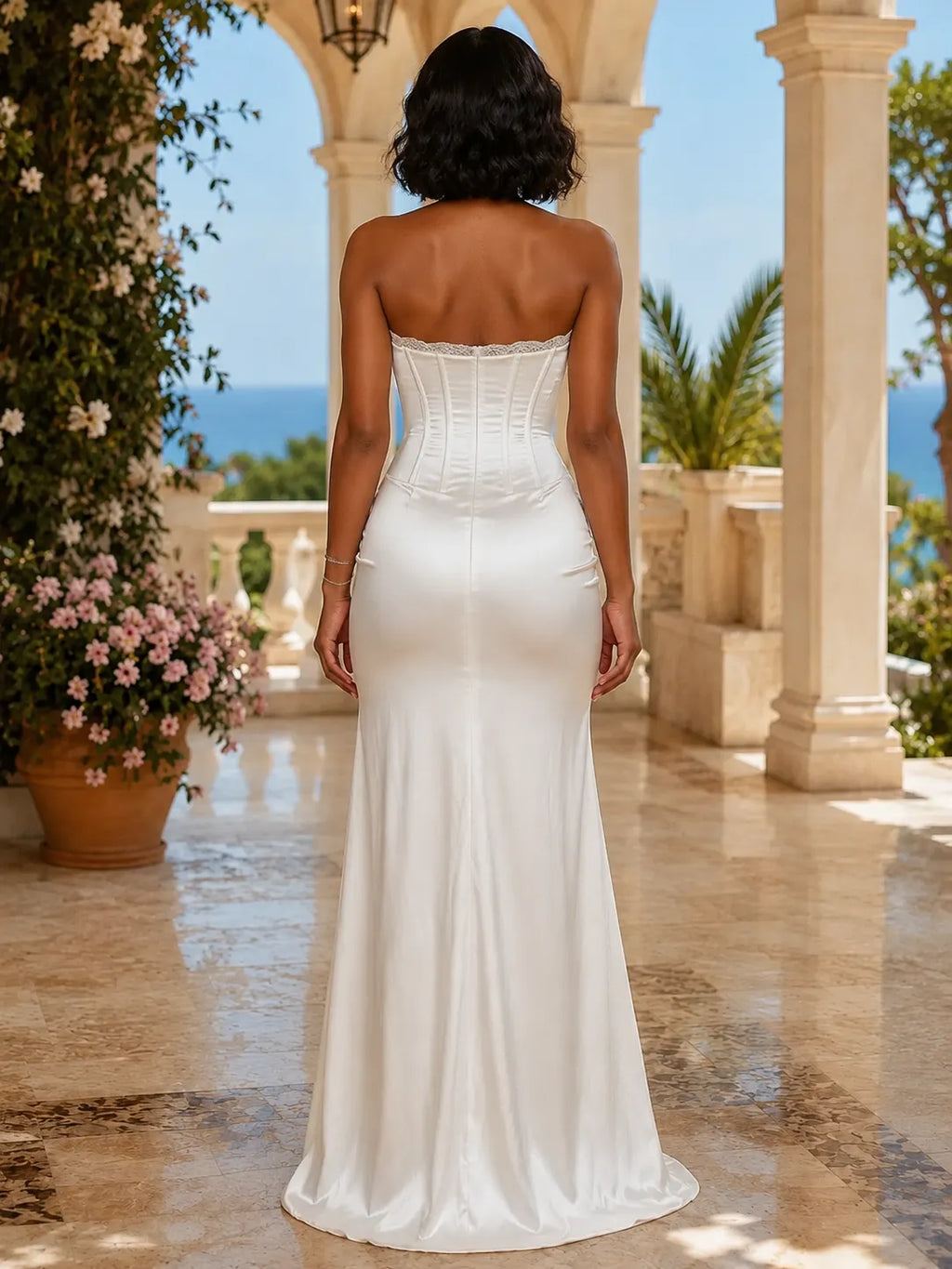 Strapless Lace Trim Knot Ruched Slit Cinch Waist Gowns Maxi Dresses-White