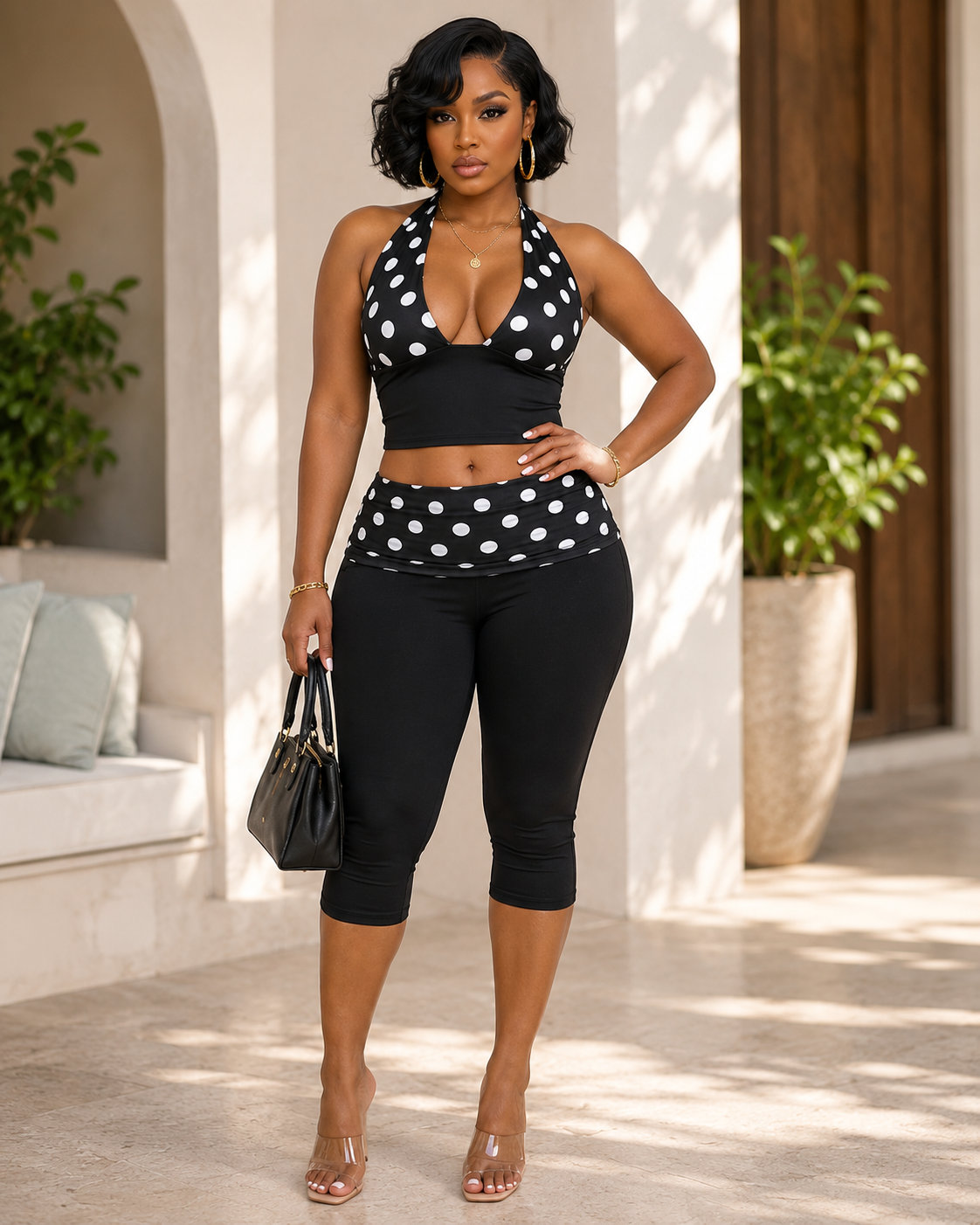 Polka Dot Print Halter Neck Crop Top Ruched Cargo Pants 2pcs Set