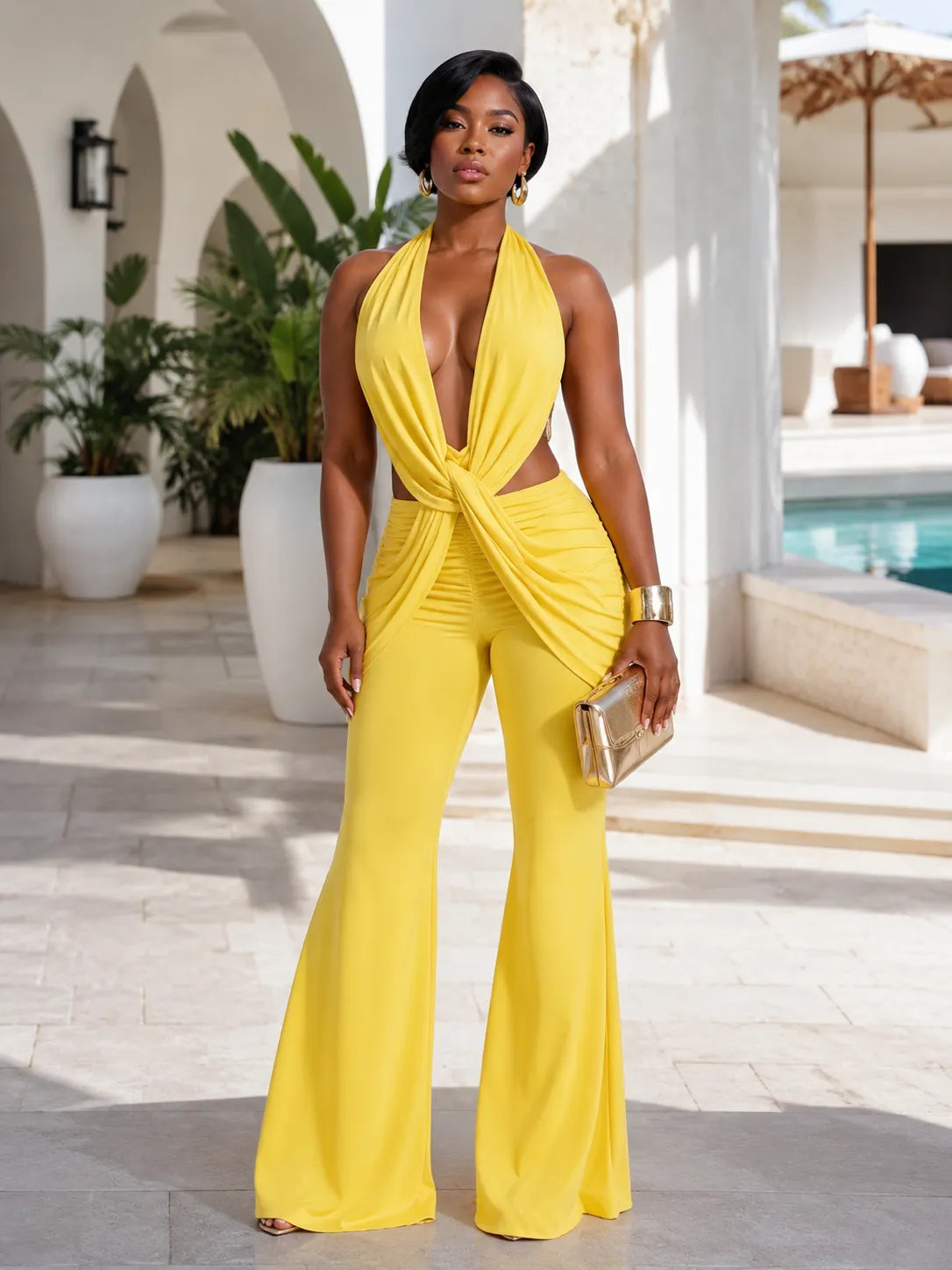 Cross Strap Backless Solid Color Sleeveless Ruched Slim Fit Jumpsuit