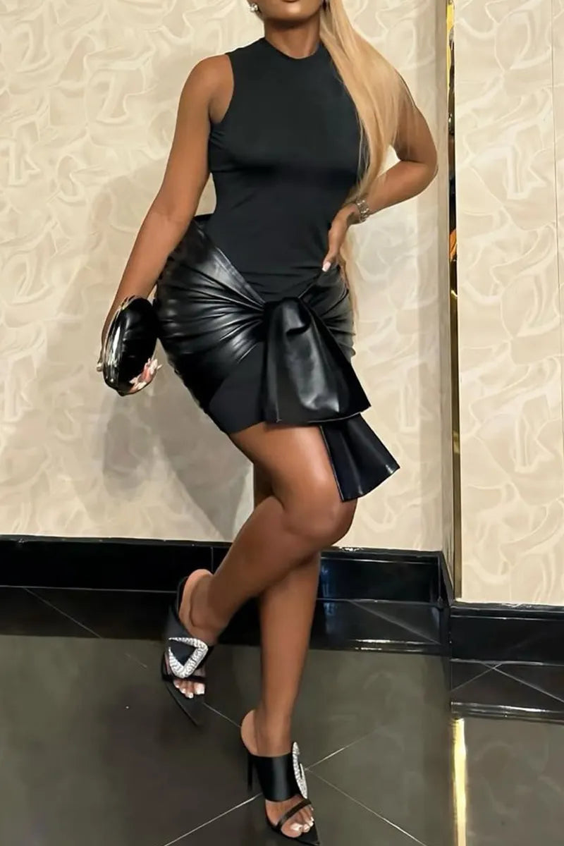 Women Mock Neck Sleeveless Faux Leather Big Bow Split Bodycon Mini Dress