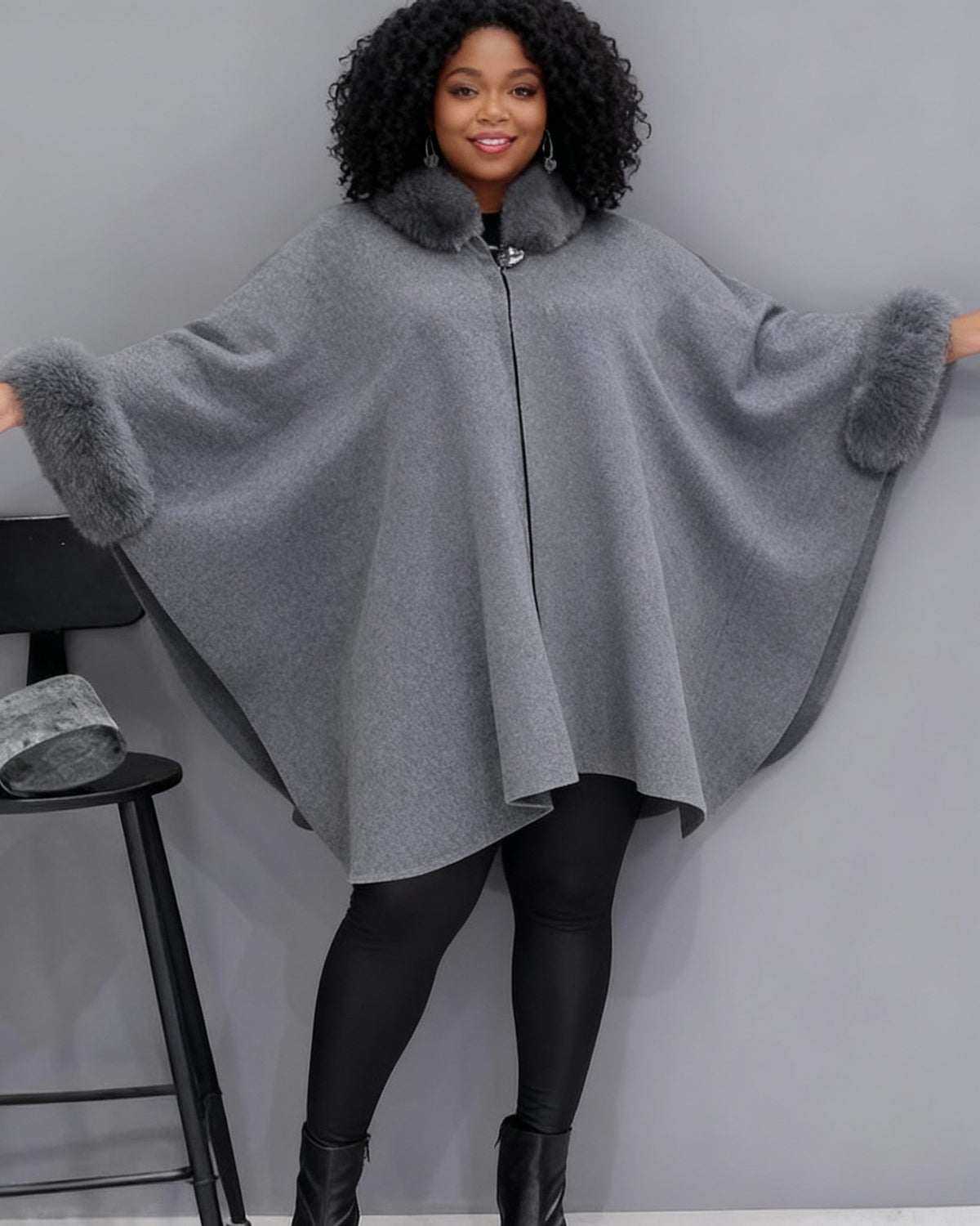 Autumn And Winter Large Rabbit Fur Collar Mid-length Woolen Coat Elegant Cape Shawl Hepburn Style Woolen Large Size Coat