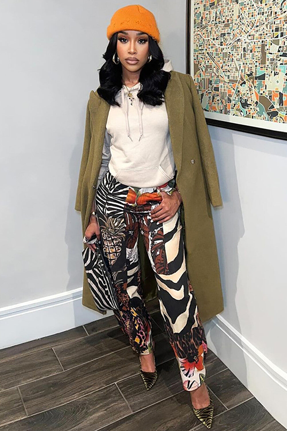 Fruits Animal Mixed Print Wide Leg Casual Pants-Black