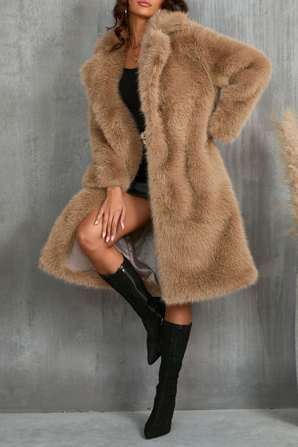 Notch Collar Long Sleeve Faux Fur Fuzzy Overcoat-Camel