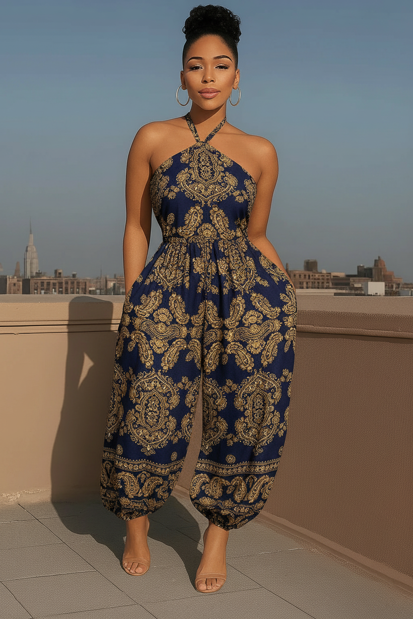 Bohemian Paisley Print Halter Neck Jumpsuit