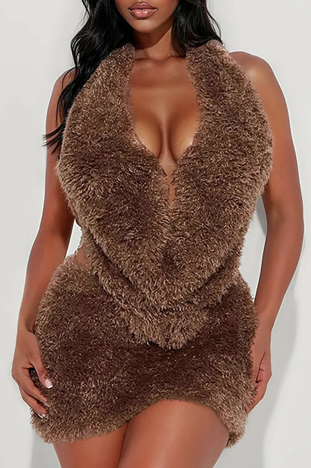 Plunge Neck Halter Fuzzy Top Solid Color Bodycon Mini Skirt Set-Brown