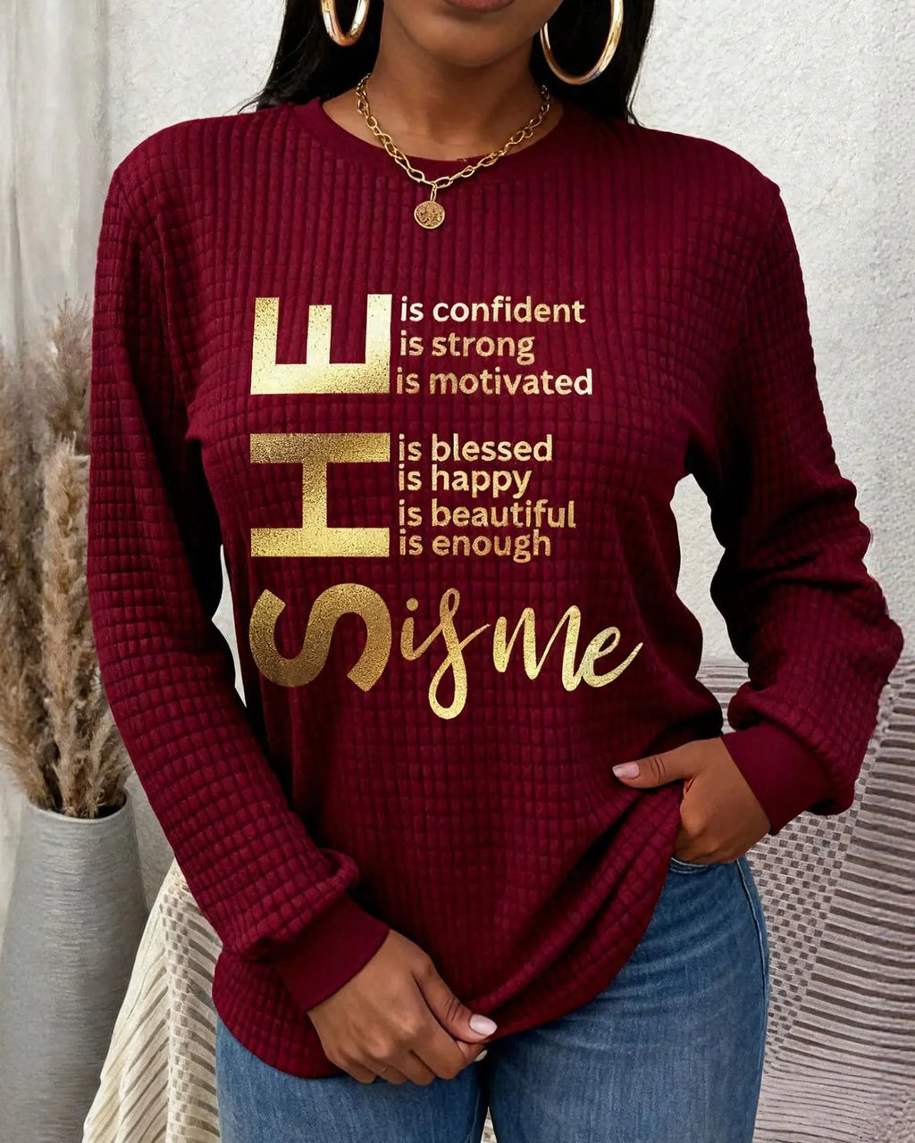 She Is Me Waffle Crewneck Long Sleeve Sweatshirt