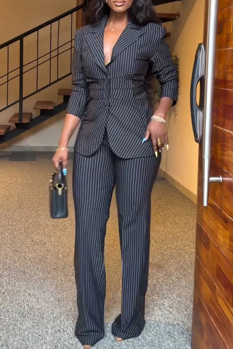 Women's Elegant Commuter Stripe Blazer & Dress Pants Two-Piece Set
