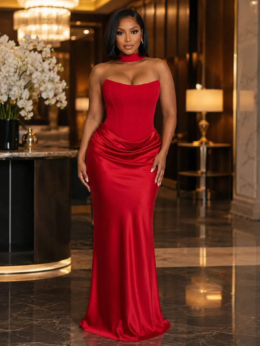 Strapless Draped Halter Scarf Slim Fit Satin Evening Gowns Maxi Dresses