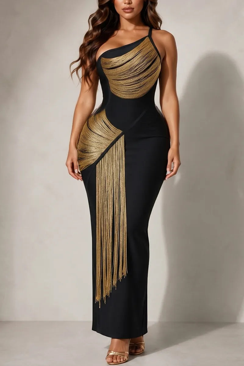 Women's Elegant Gold Fringe Asymmetric Dress