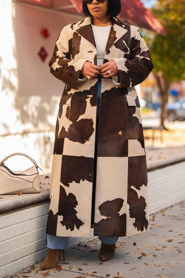 Stylish Lapel Neck Cow Print Coat