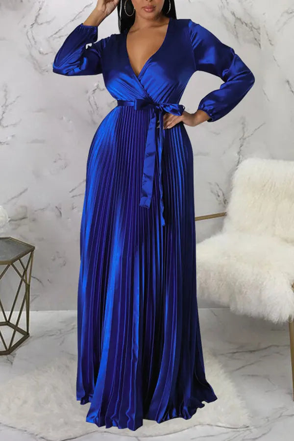Elegant V-Neck Pleated Maxi Dress