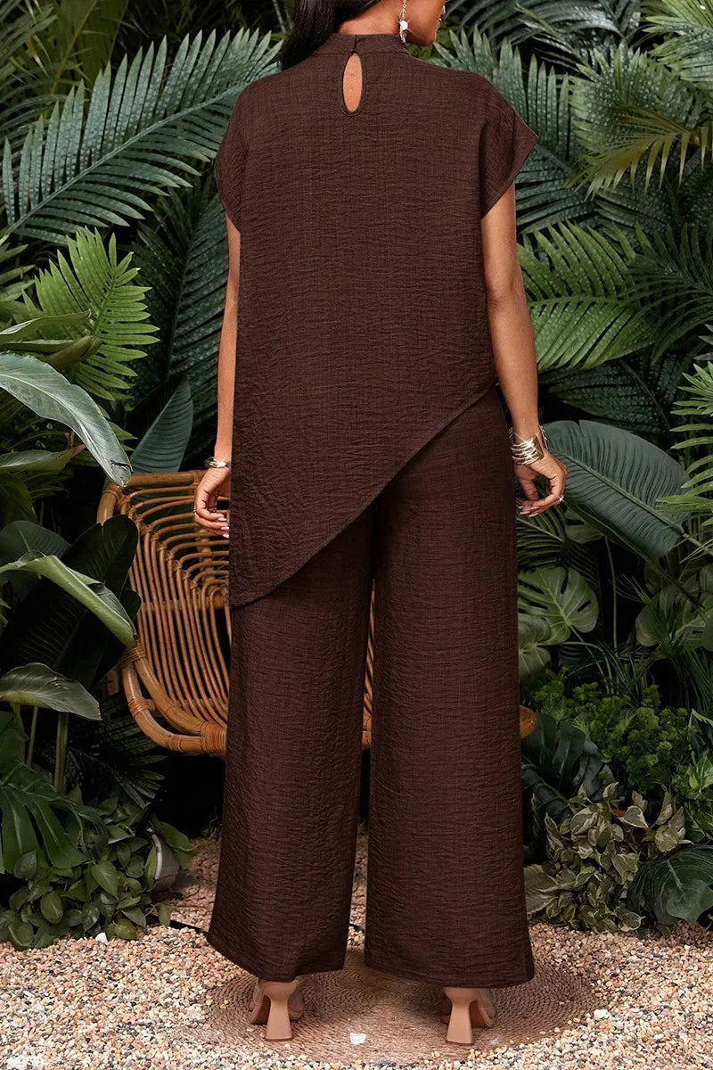 Mock Neck Cap Sleeve Loose Asymmetrical Slit Tunic Top and  High Waist Straight Flow Crinkle Textured Wide Leg Pants(Two-Piece Set)