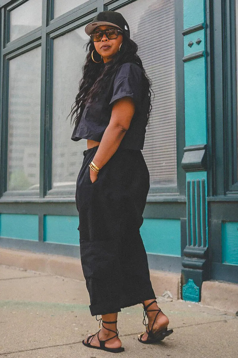 Short Sleeve Crop Blouse Pocket Wide Leg Pants Matching Set-Black