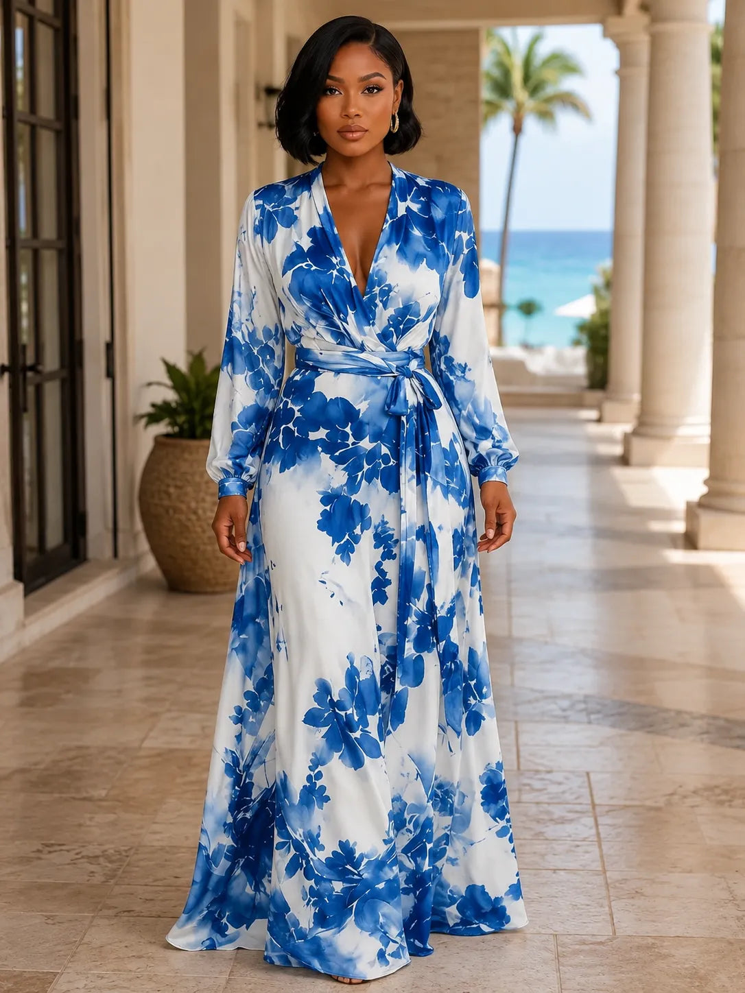 Floral Print Long Sleeve Sash Belted Wrapped Vacation Maxi Dresses-Fuchsia