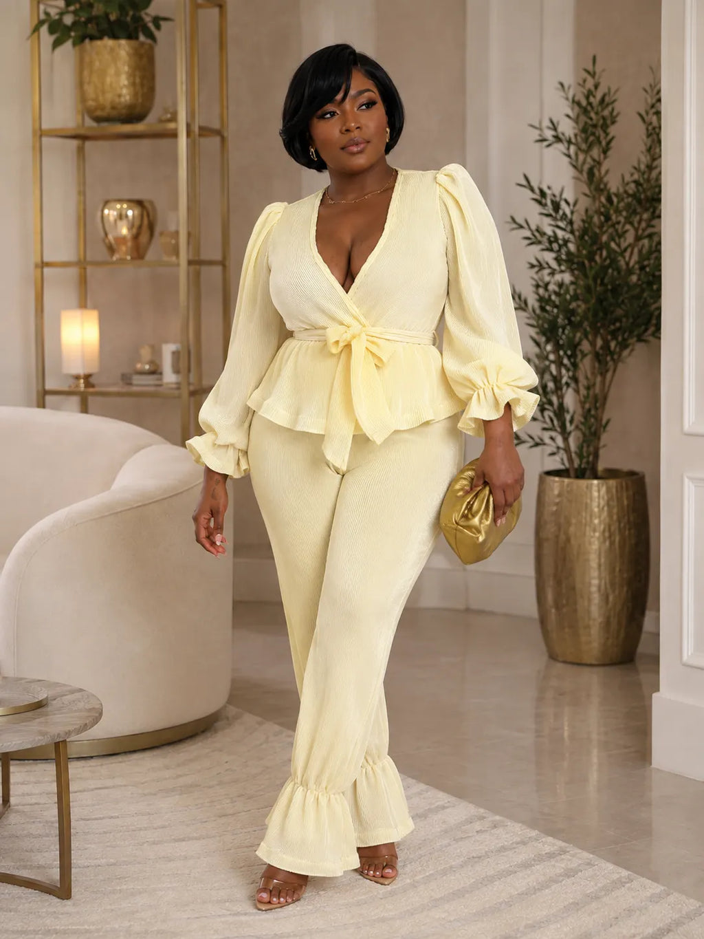 Ribbed V Neck Flare Sleeve Top Wide Leg Pants 2pcs Set