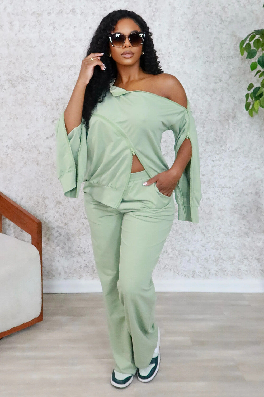 Zips Patchwork Sweatshirt Solid Color Pants 2pcs Set-Green