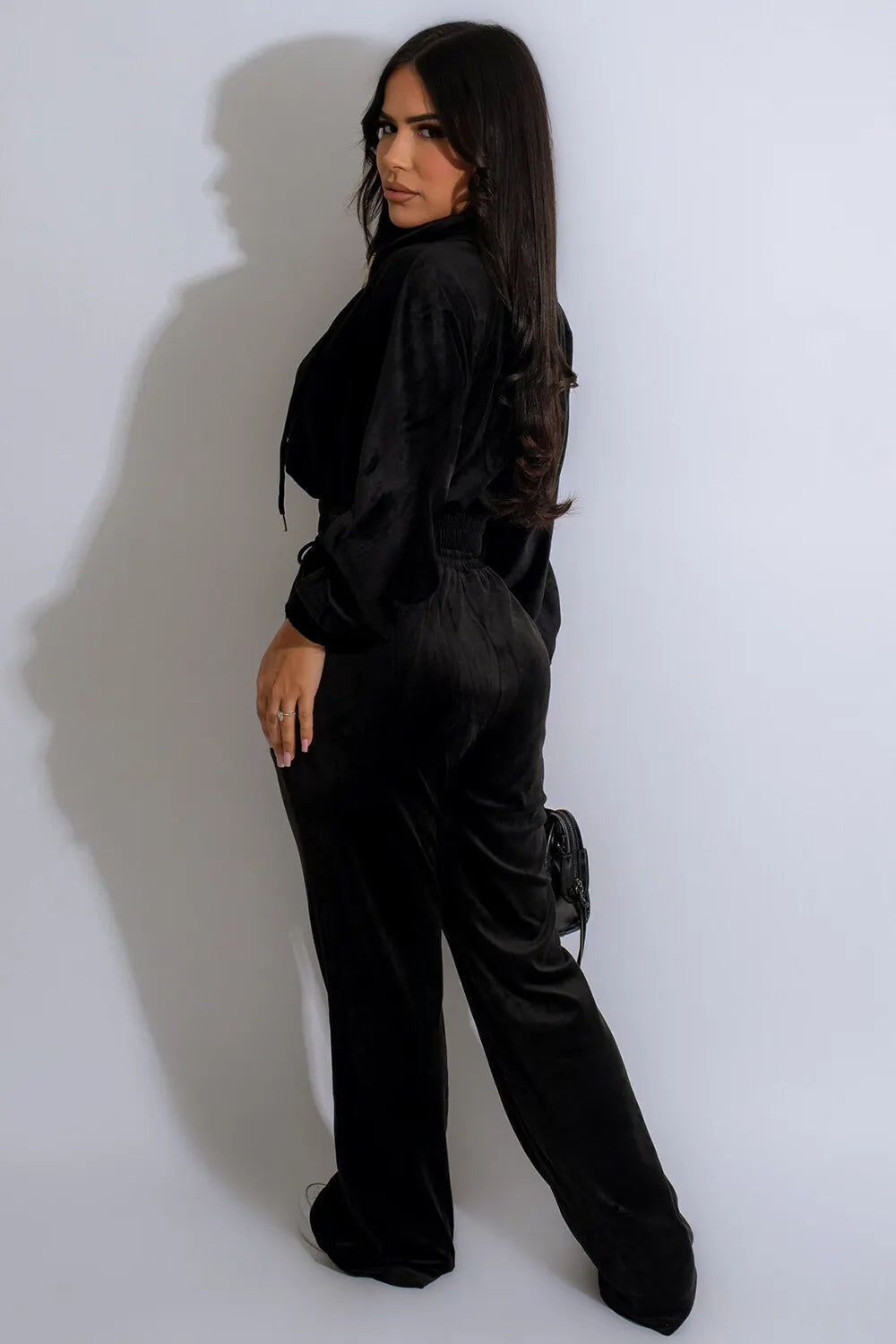 Velvet Turndown Collar Crop Track Jacket Solid Color Pants 2pcs Set-Green
