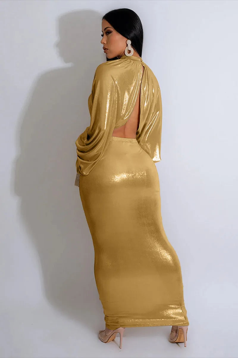 High Neck Long Lantern Sleeve Irregular Hem Top Ruched Maxi Skirt Bronzing Party Matching Set