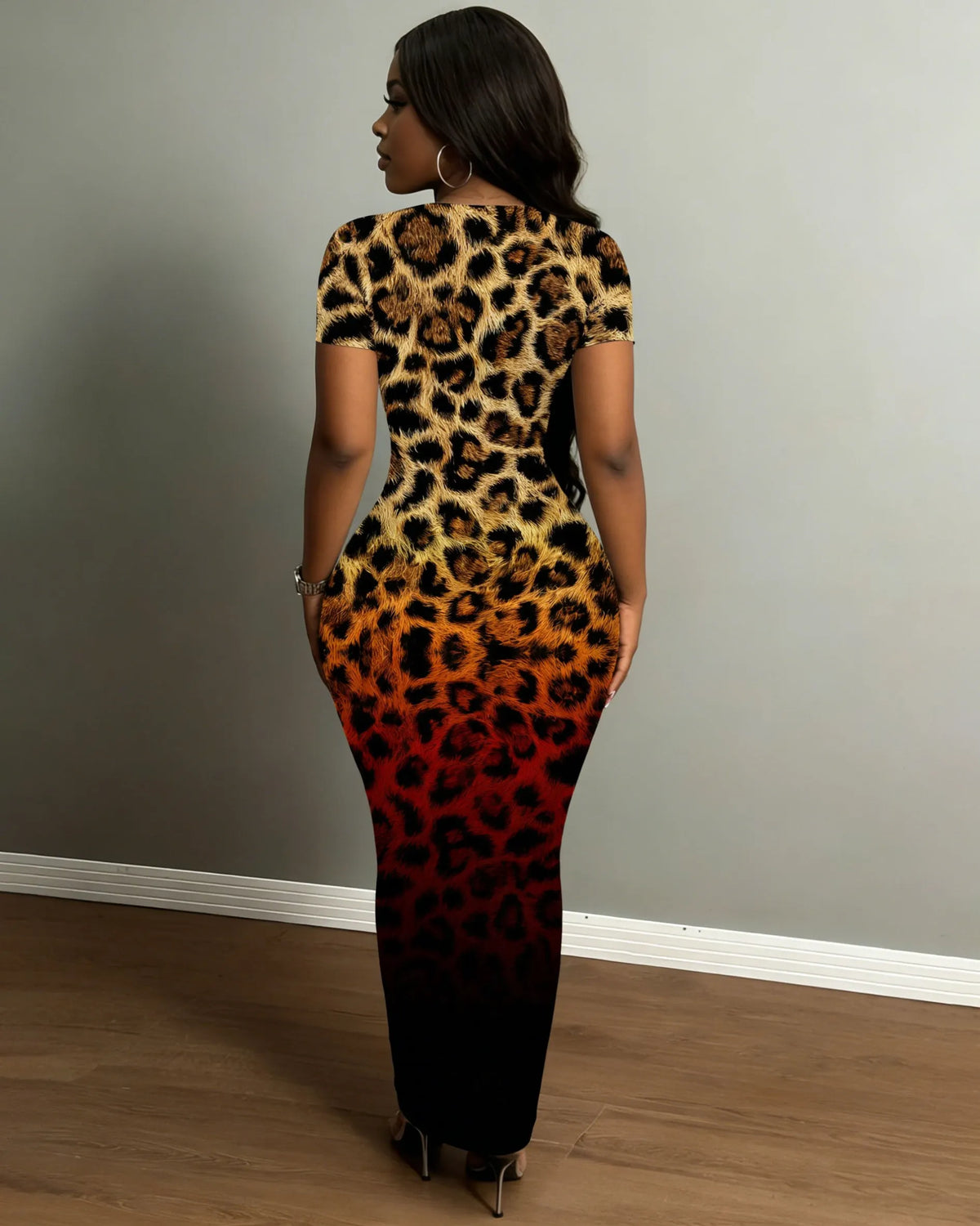 Women's V-neck Gradient Leopard Hip Maxi Dress