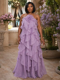 Halter Neck 3D Floral Tiered Flounce Vacation Maxi Dresses