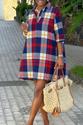 Color Block Plaid Short Sleeve Shirt Dress