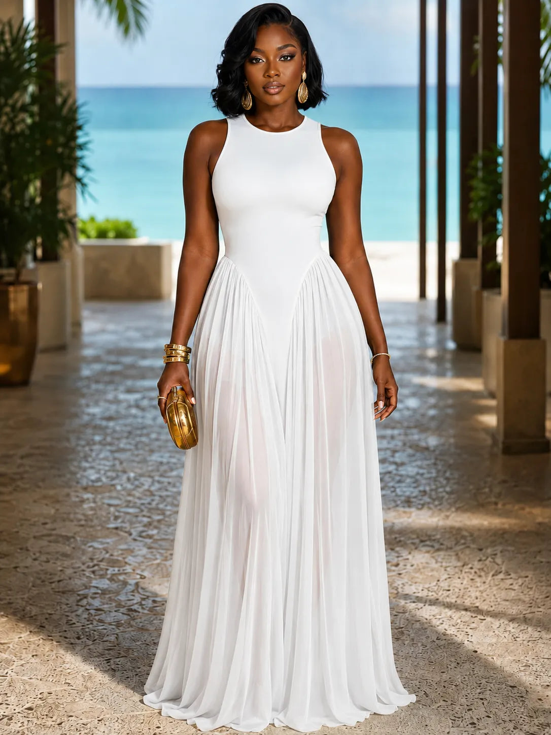 Round Neck Sleeveless Mesh Patchwork Cinch Waist Vacation Maxi Dresses-Green