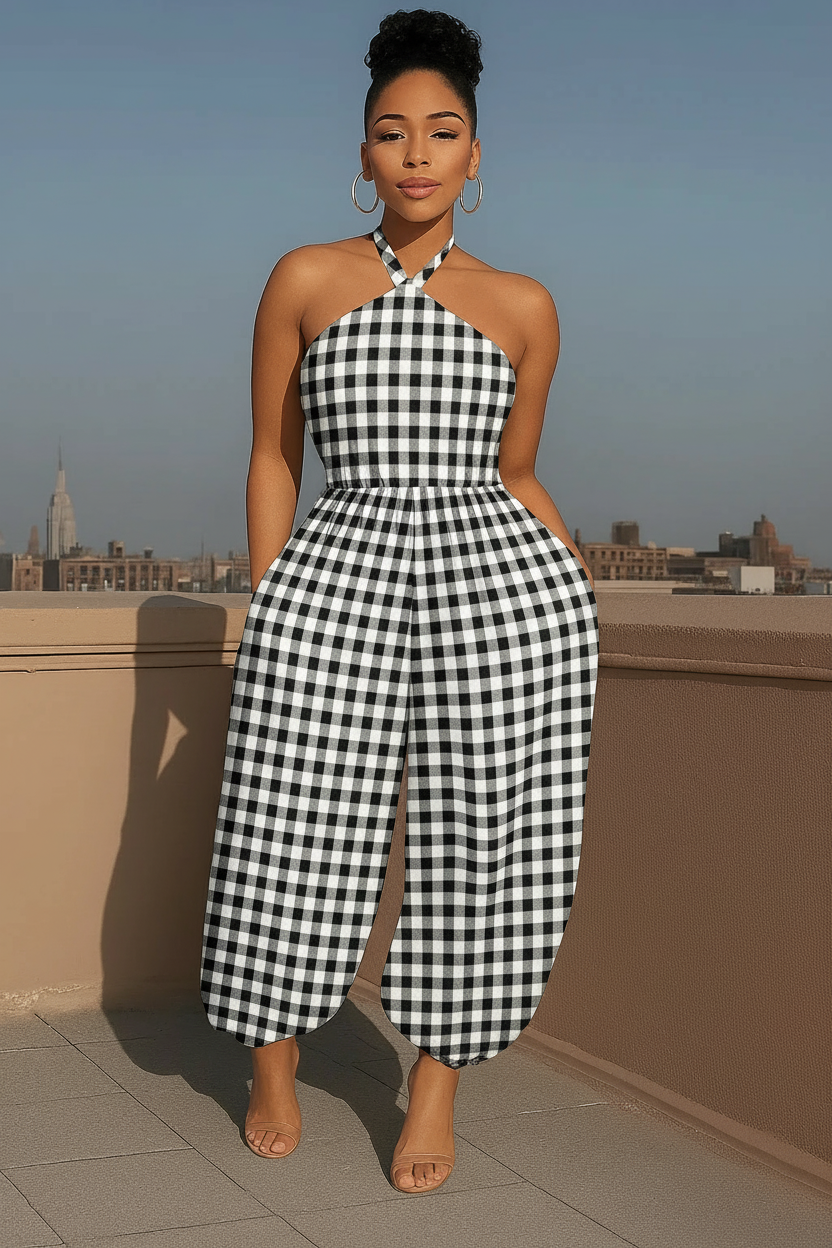 Black & White Gingham Halter Neck Jumpsuit