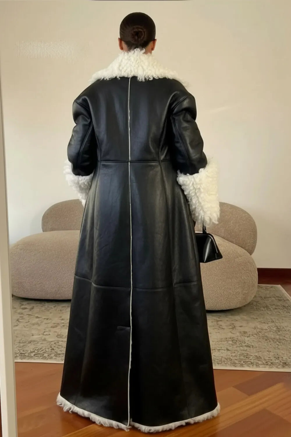 Lapel Collar Faux Fur Patchwork PU Floor Length Trench Coat-Black [Pre Order]