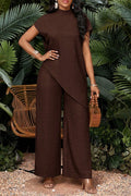 Mock Neck Cap Sleeve Loose Asymmetrical Slit Tunic Top and  High Waist Straight Flow Crinkle Textured Wide Leg Pants(Two-Piece Set)