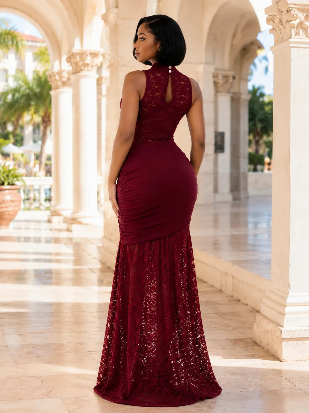 Lace Sleeveless Chest Cut Out Slit Slim Evening Gowns Maxi Dresses