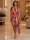 Colorblock Tie Dye Sleeveless Top Ruched Sash Mini Skirt 2pcs Set-Multicolor