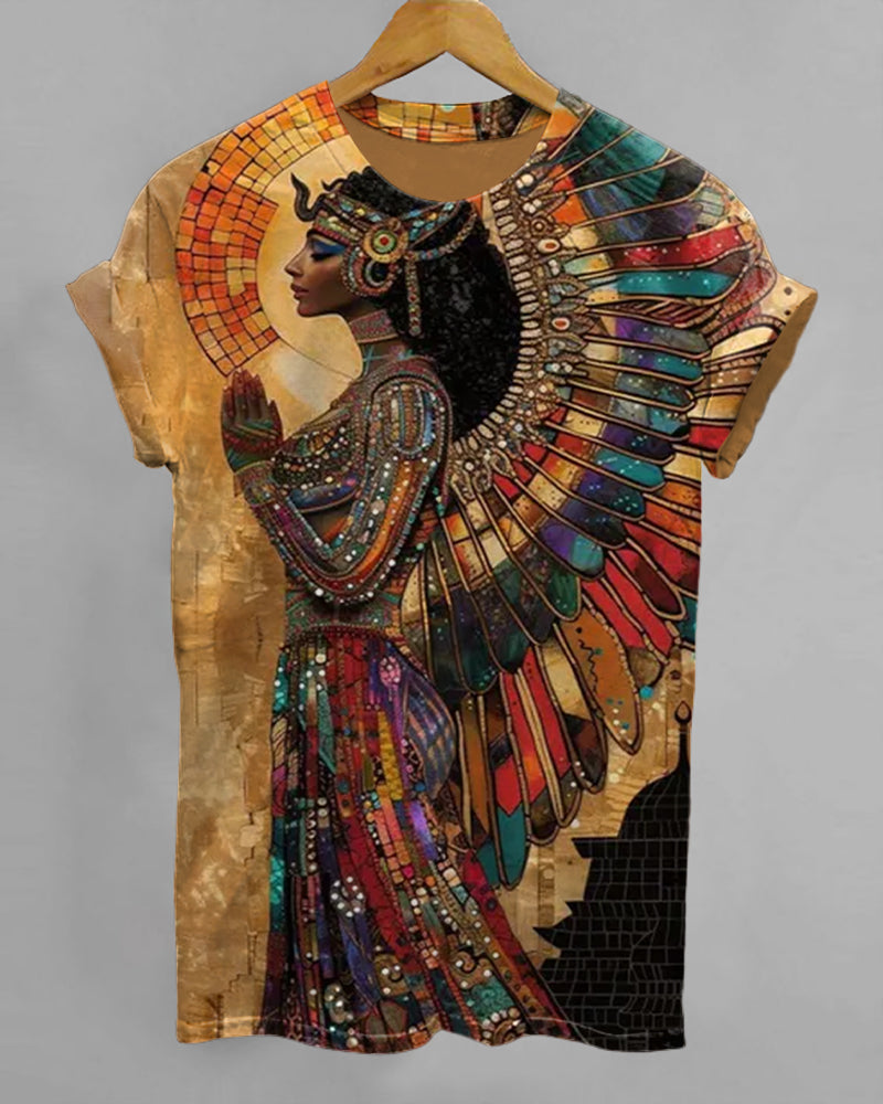 Egyptian Goddess Prayer Print Crew Neck Short Sleeve T-Shirt