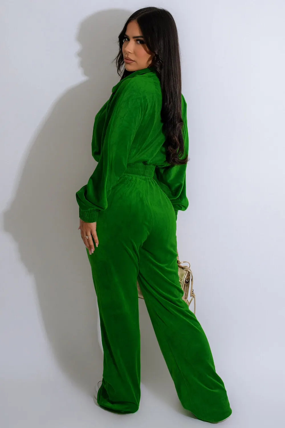Velvet Turndown Collar Crop Track Jacket Solid Color Pants 2pcs Set-Green