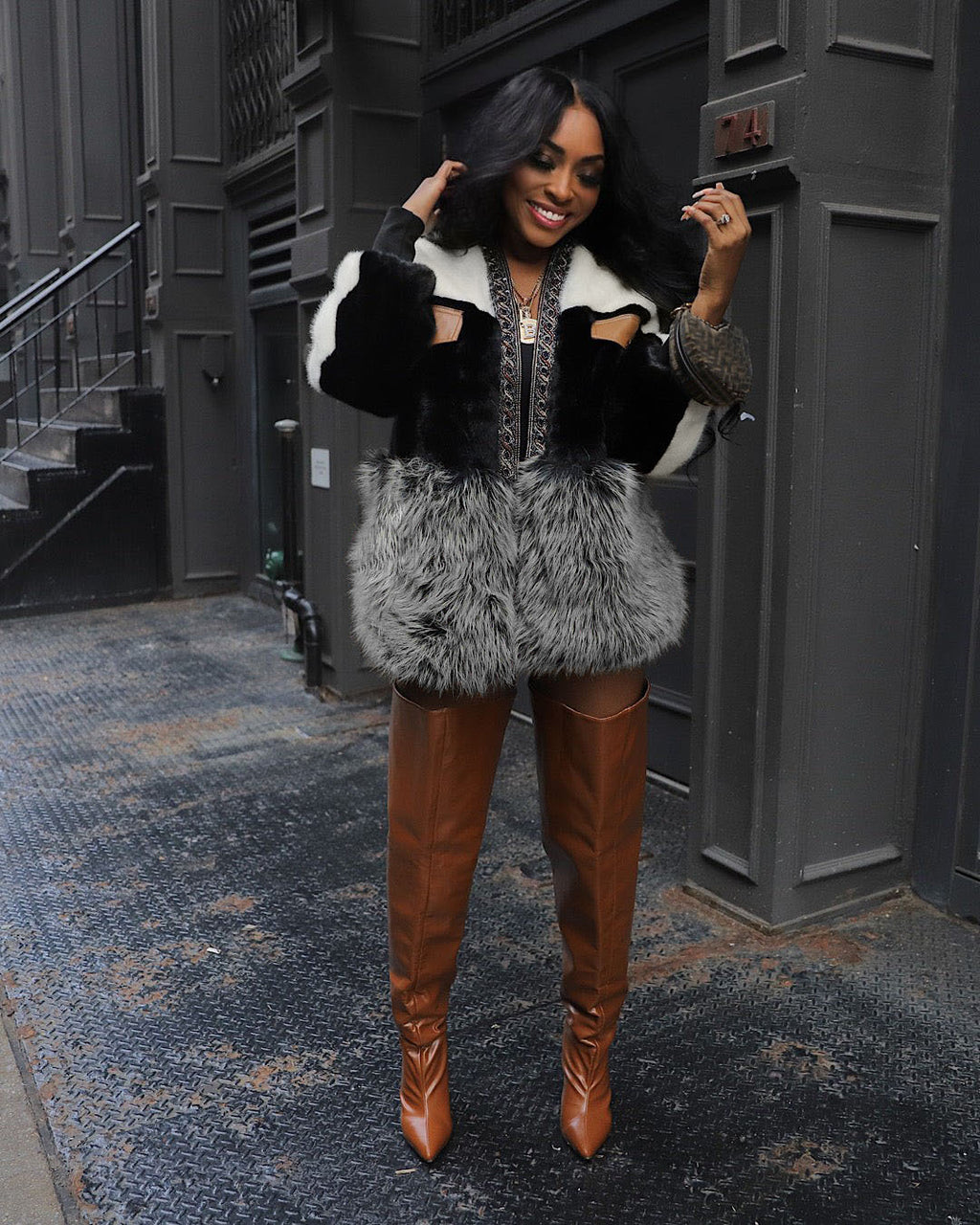 Colorblock Fuzzy Faux Fur Patchwork Long Sleeve Jacket-Black