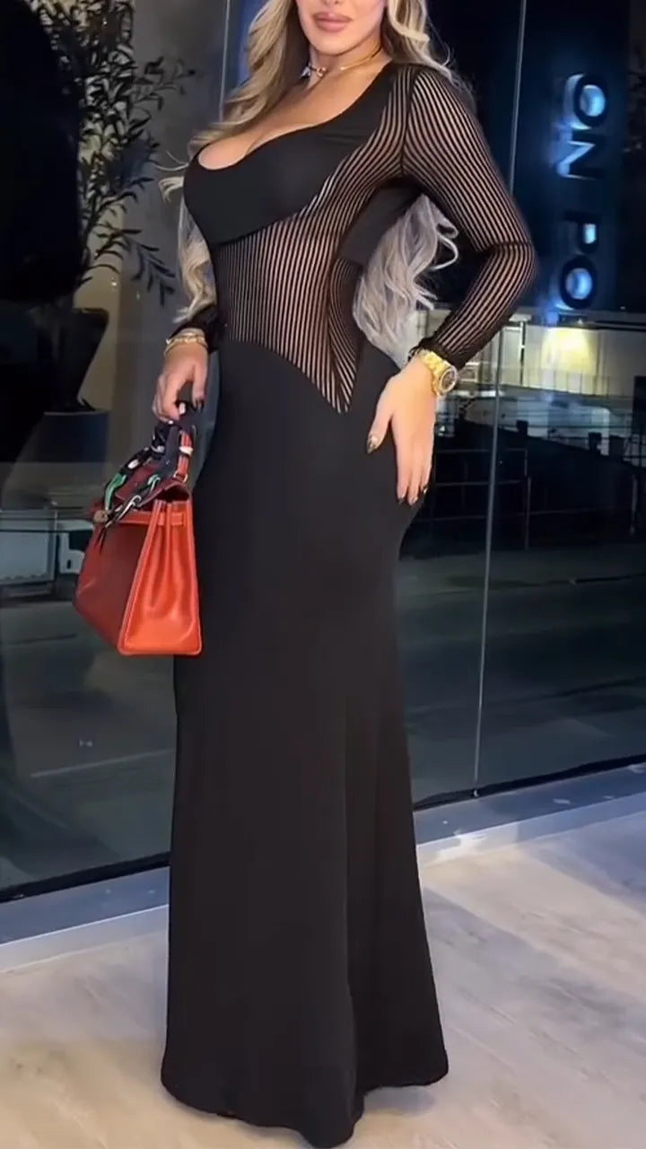 Women Low Neck Patchwork Hollow Slim Fit Elegant Temperament Dress