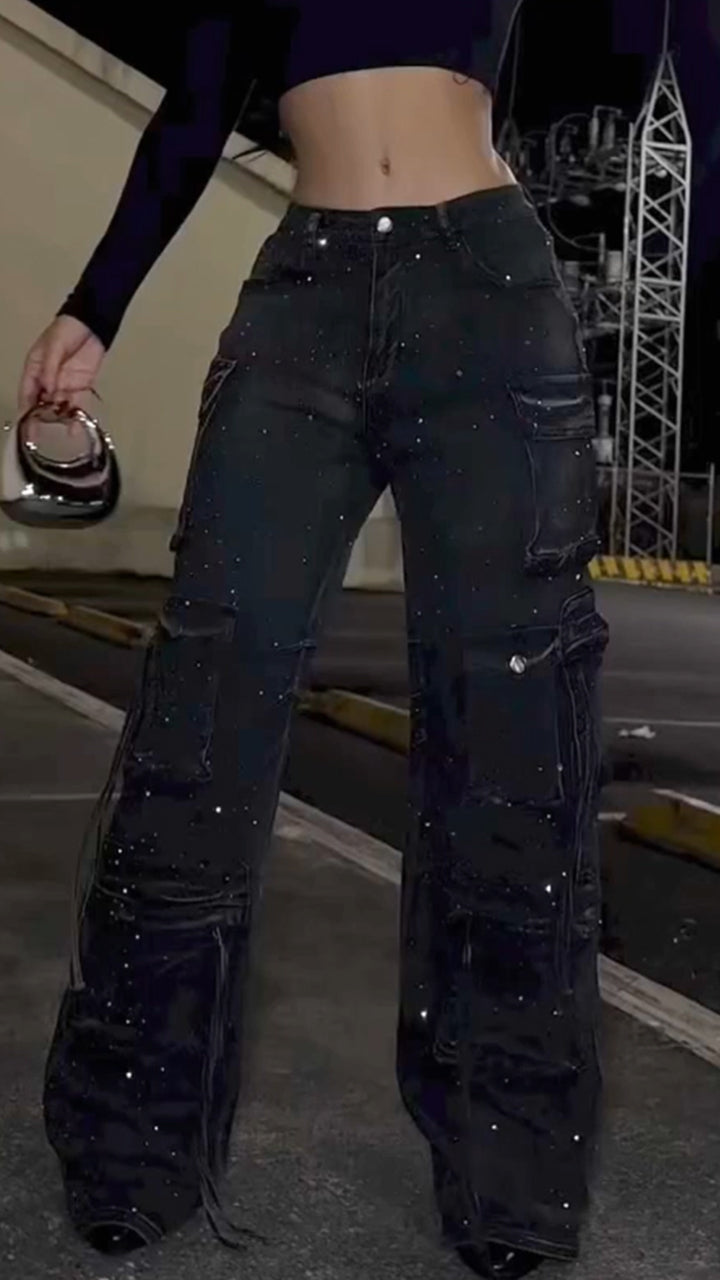Women's Multi-pocket Cargo Jeans with Rhinestone Embellishments