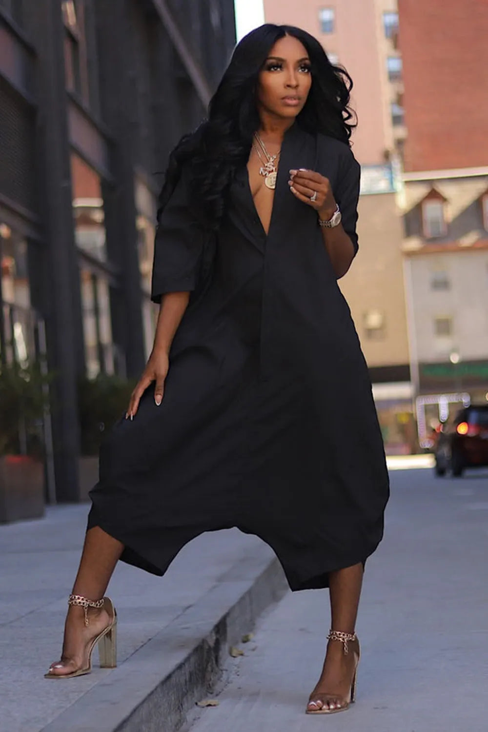 3/4 Sleeve V Neck Oversize Casual Harem Crop Jumpsuit-Black