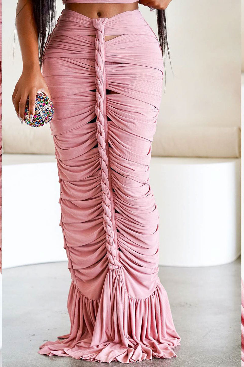 One Shoulder Crop Top Twisted Cutout Ruched Ruffle Hem Maxi Skirt White Slim Matching Sets