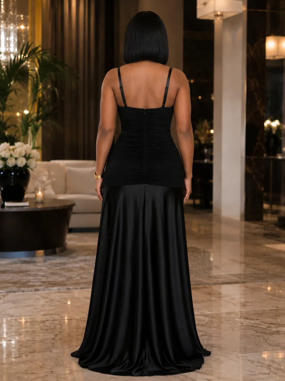 V Neck 3D Floral Ruched Mesh Satin Patchwork Gowns Maxi Dresses