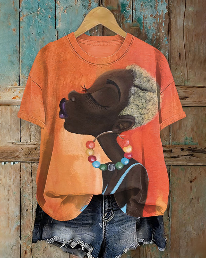 Abstract Cartoon Woman Crew Neck Short Sleeve Tshirt