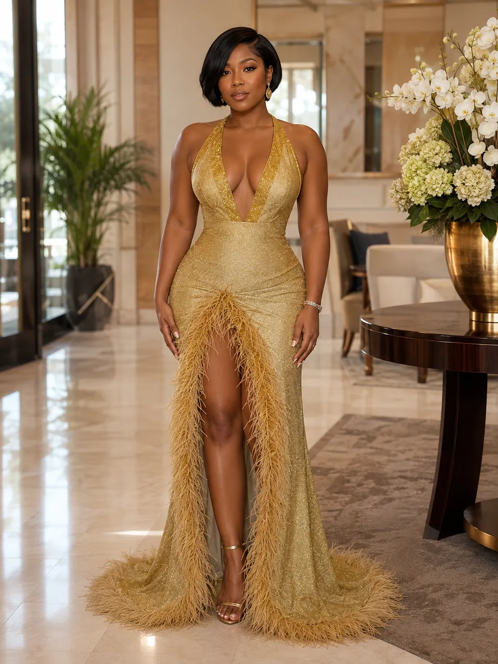 Halter Deep-V Feather Trim Mermaid Gown