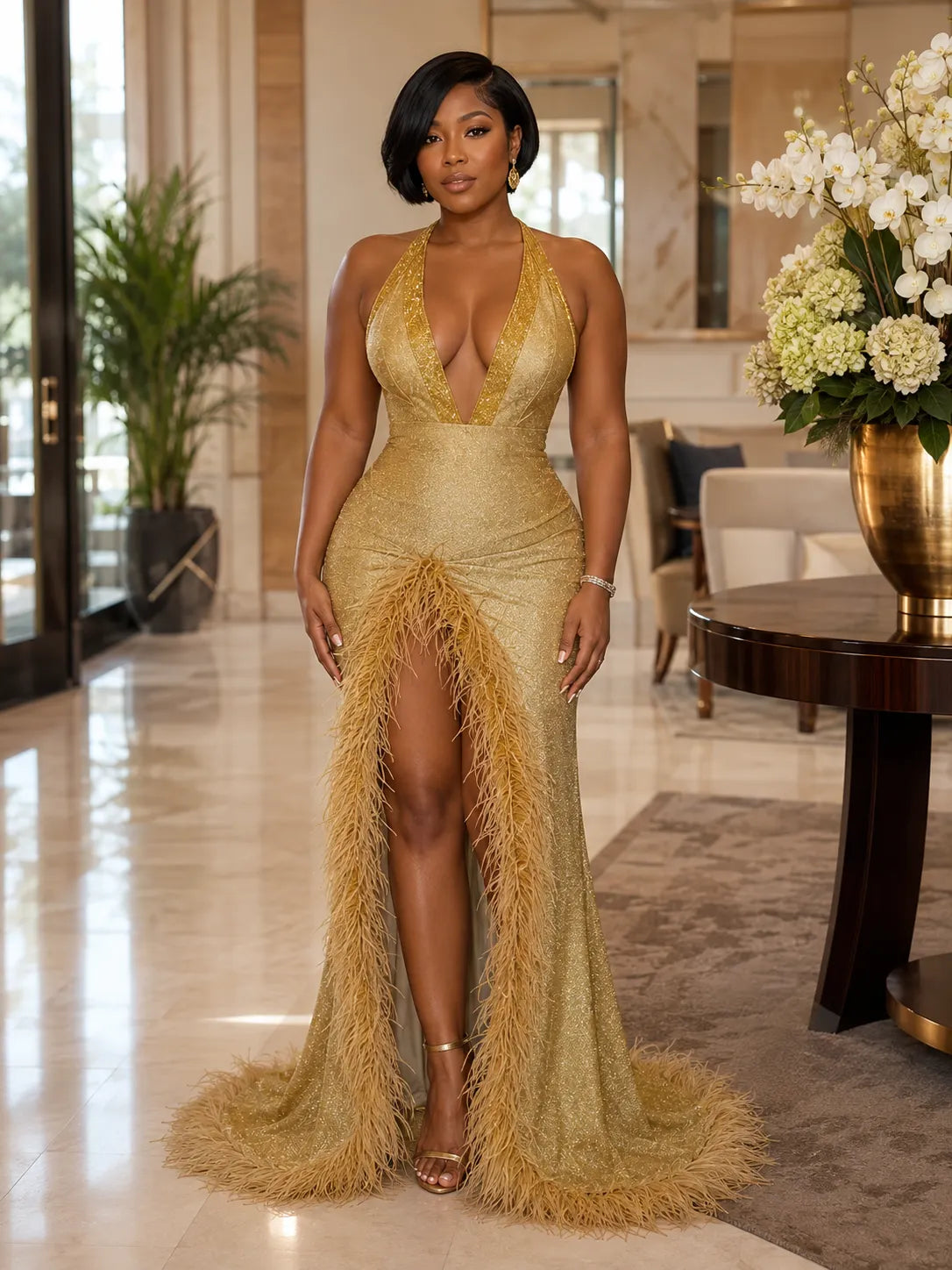 Halter Deep-V Feather Trim Mermaid Gown