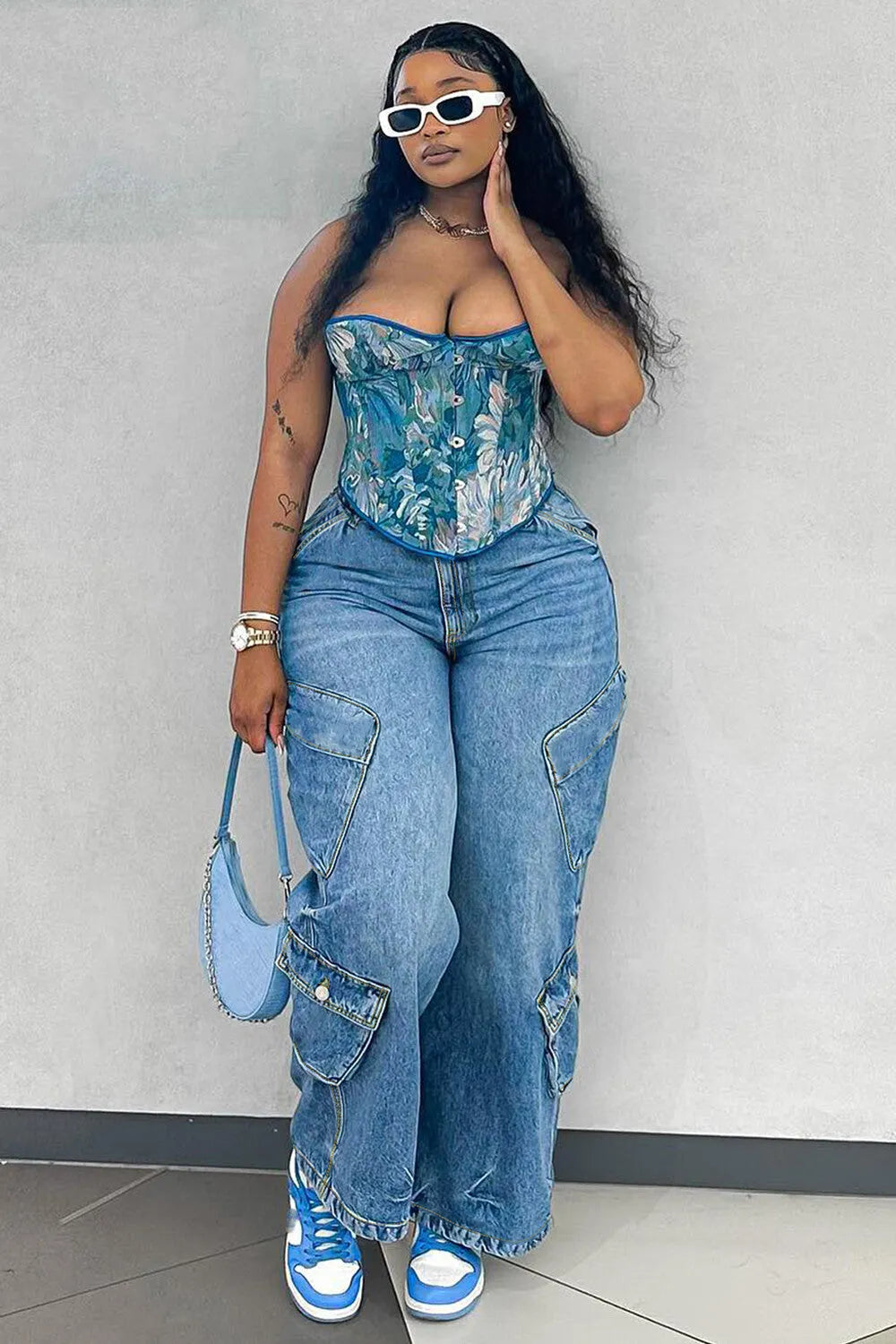 Oversize Pockets Denim High Waist Straight Leg Casual Jeans-Blue