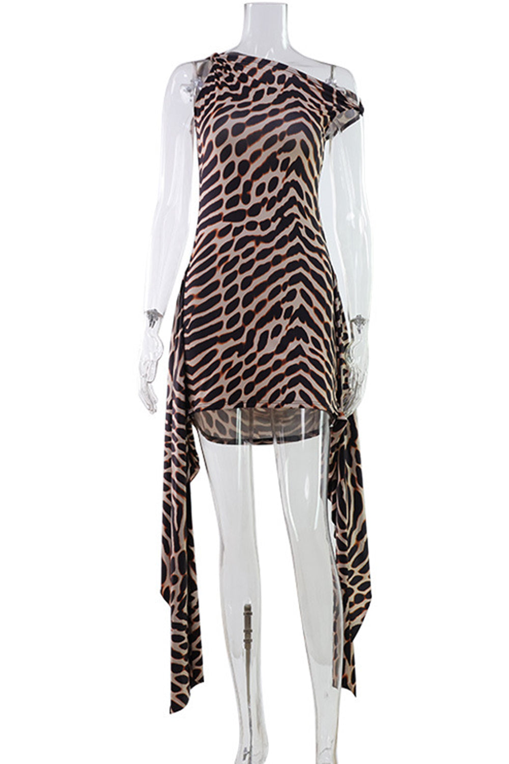 All Over Print Skew Neck Irregular Ribbon Sleeveless Slim Mini Dresses-Brown