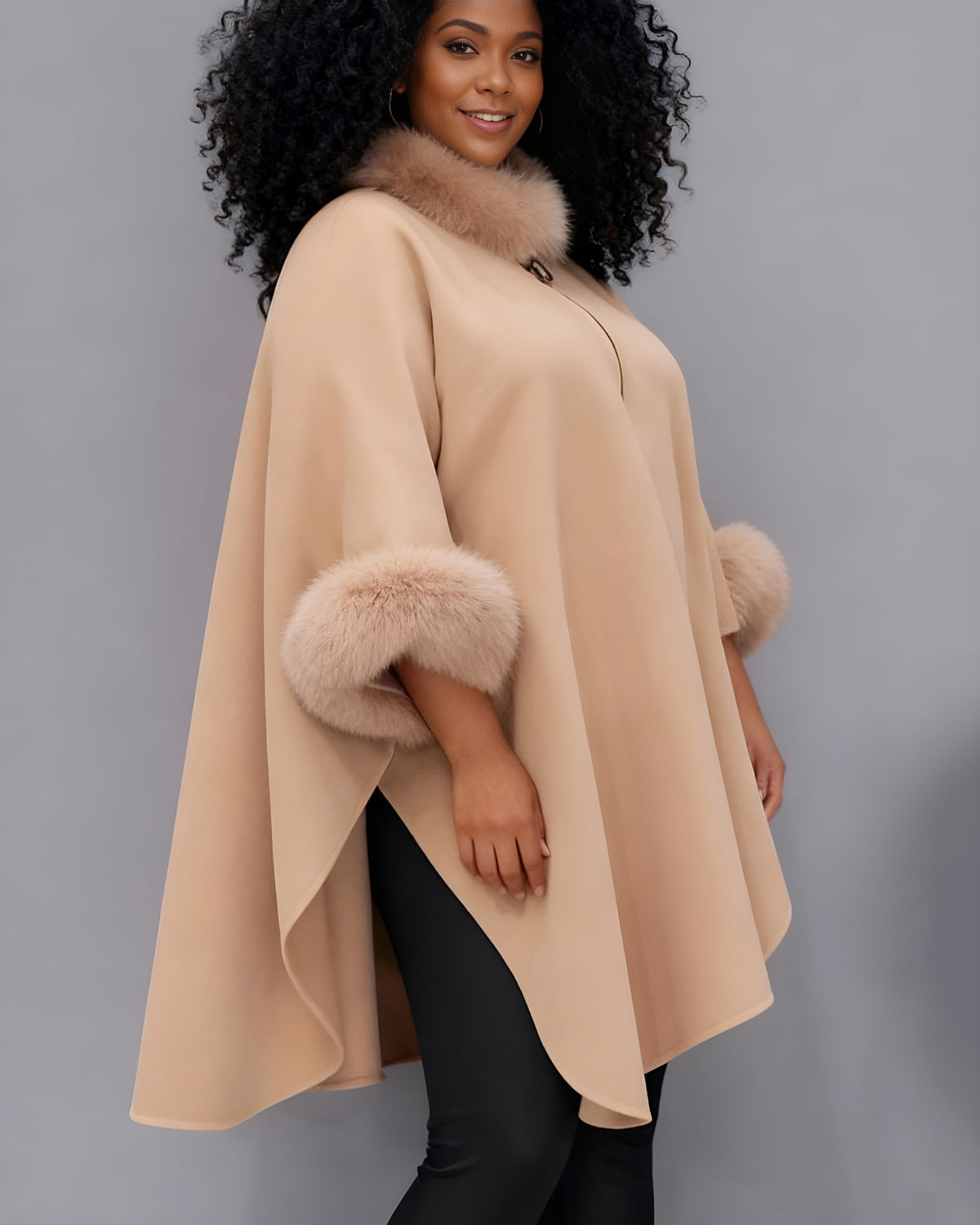 Autumn And Winter Large Rabbit Fur Collar Mid-length Woolen Coat Elegant Cape Shawl Hepburn Style Woolen Large Size Coat